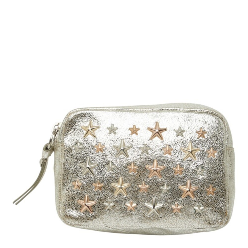 Jimmy Choo Star Studded Handbag Pouch Silver Leather Women's JIMMY CHOO